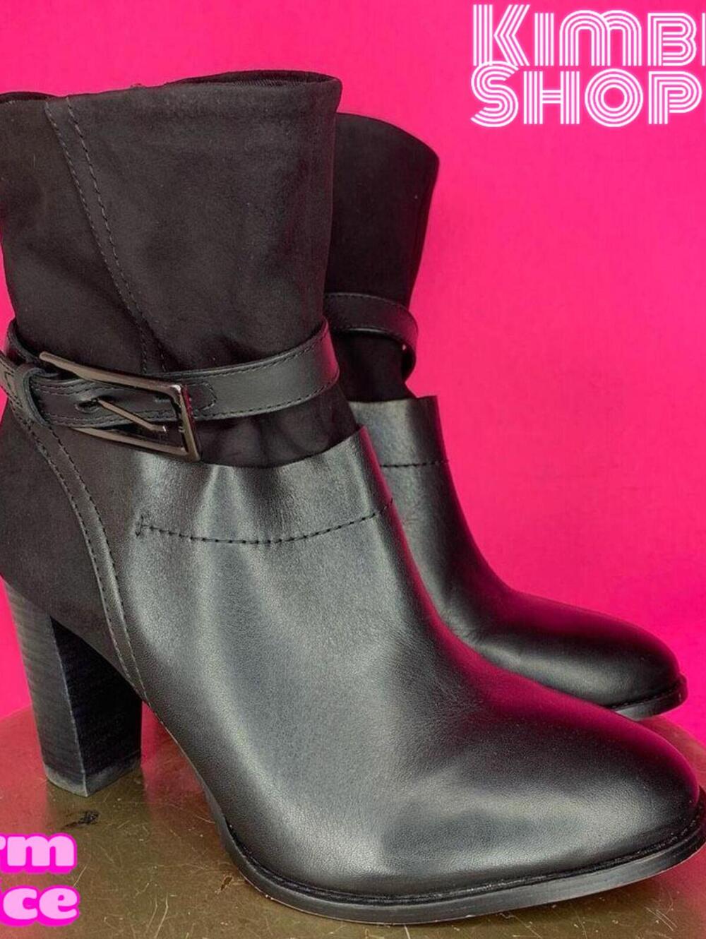 Clarks Kacia Garnet Black Leather Suede Side Buckle Heeled Boots US 8.5 UK 6